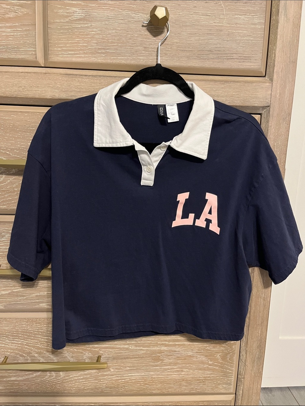 H&M Navy Crop Polo with White Collar and Pink LA Lettering. Size S, loose fit